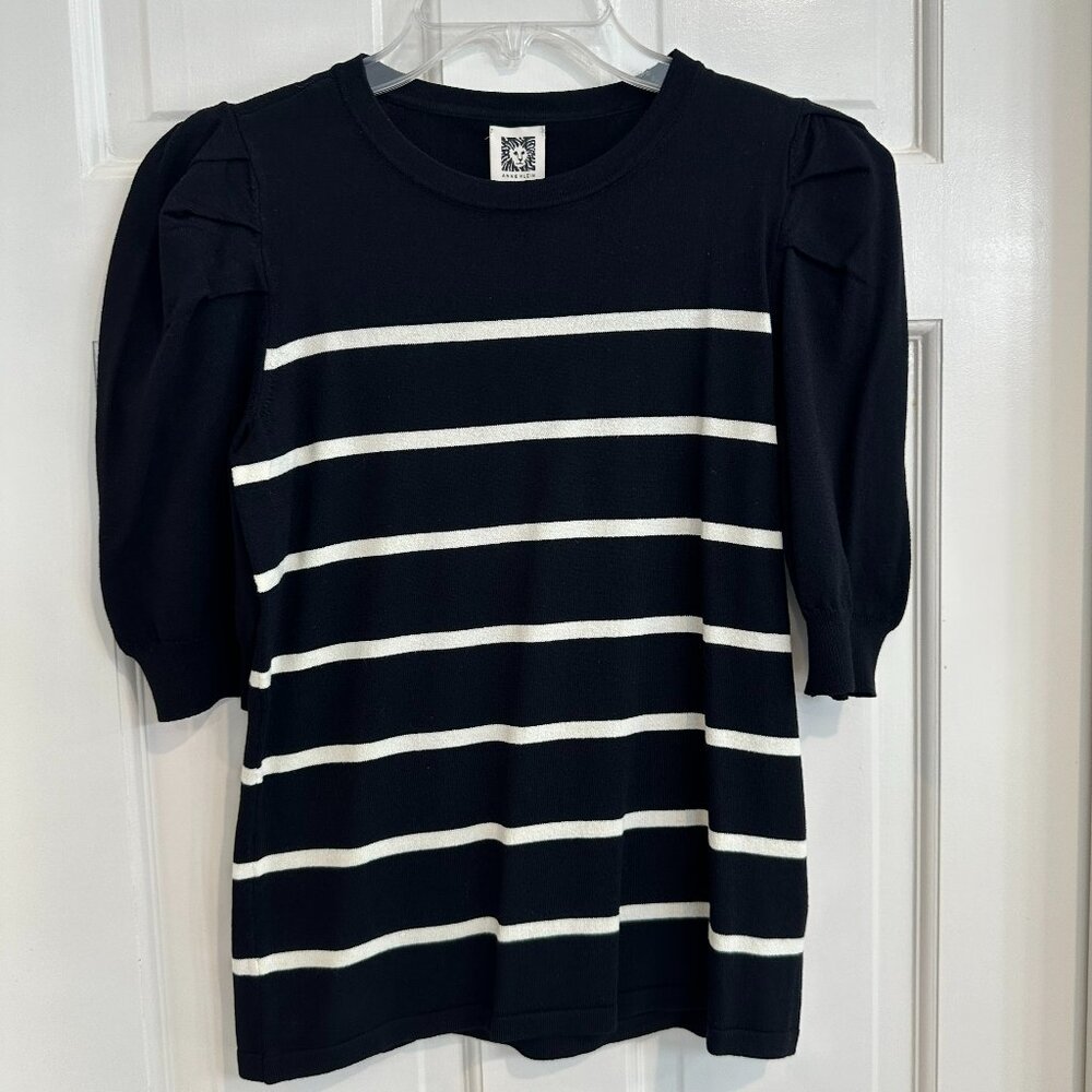 Anne Klein Black White Stripe Puffy Short Sleeve Top XXS NWT